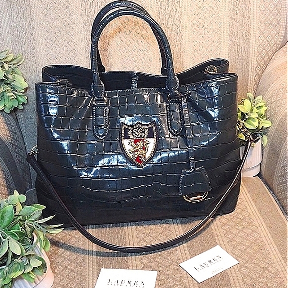 Lauren Ralph Lauren Handbags - Lauren Ralph Lauren Black Croc-Embossed Patent Satchel with Crest